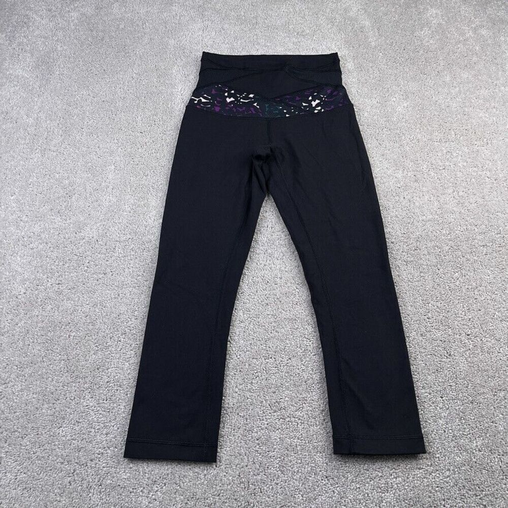 Lululemon Pants‎ Womens 4 Black Cropped Leggings Purple Floral Pattern Gym Yoga